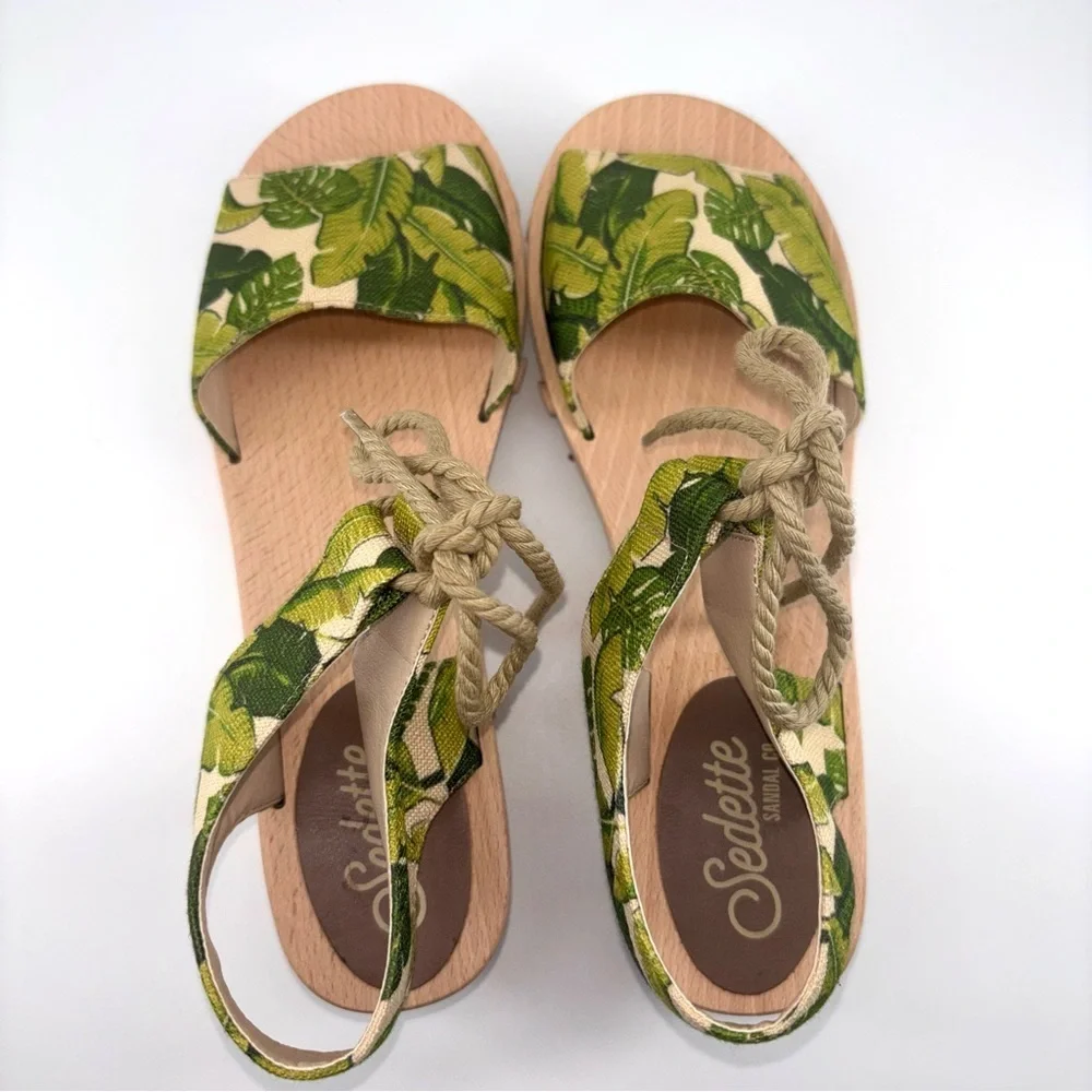 Sedette Tropical Print Platform Ethical Vegan Wood Sandals with Rope Tie Sz 8.5